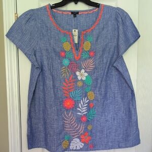 Talbots Pink and Orange Embellished Puff Sleeve Blouse